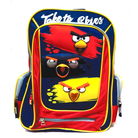 mochila escolar en colores azul, rojo y amarillo
