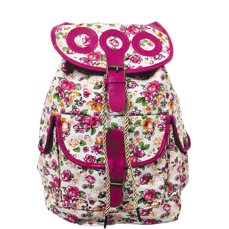 se muestra una mochila con estampado florar en tonos rosas