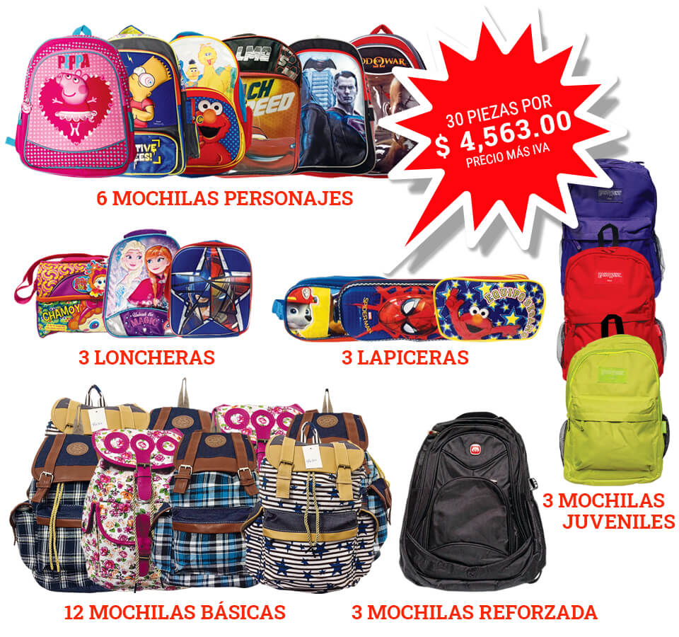 Mochilas, loncheras y lapiceras en paquete de 30 piezas